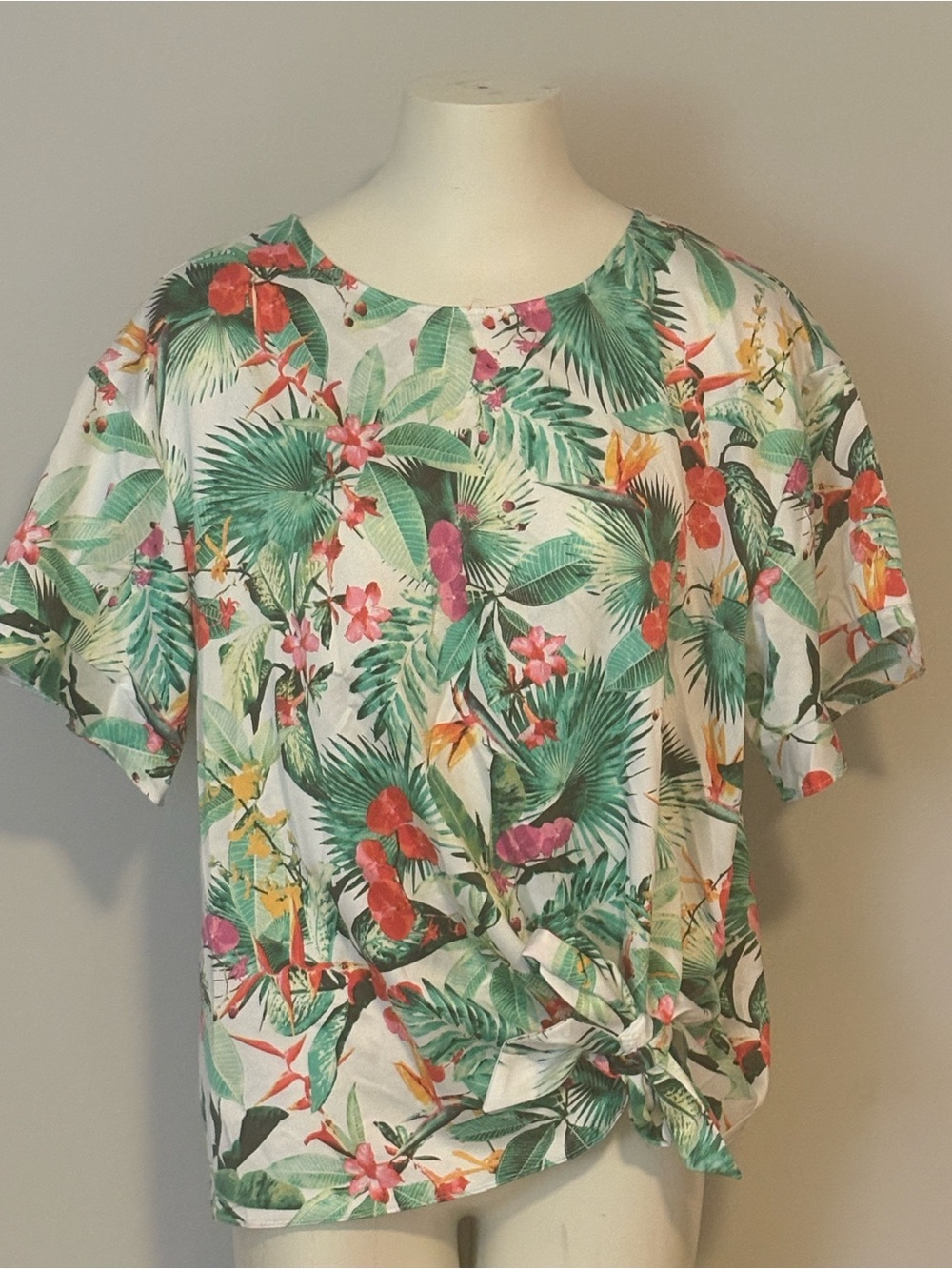 Worthington Tropical Floral Knot-Front Short Sleeve Top - Green Multicolor